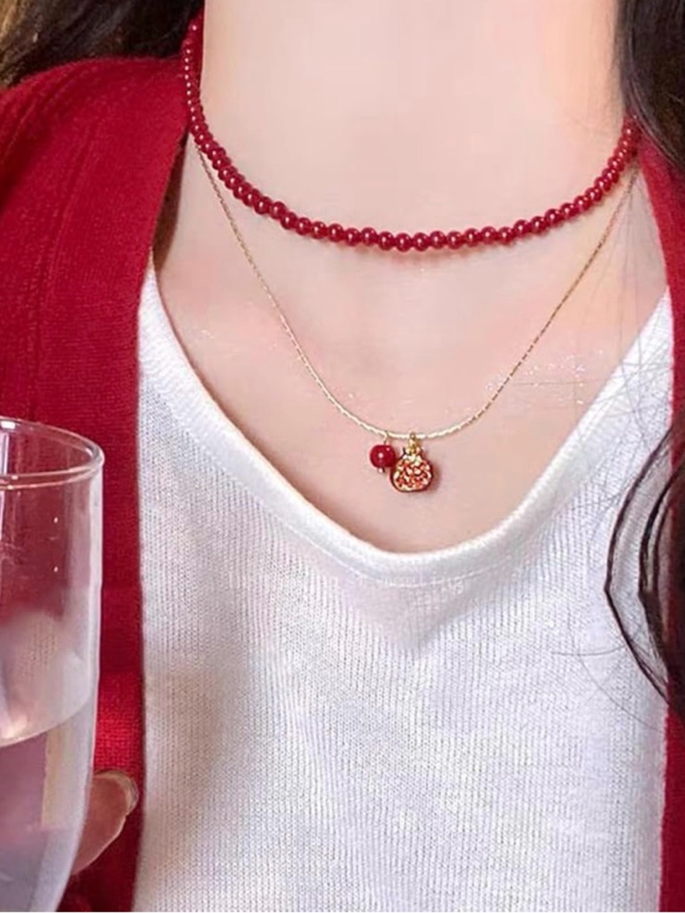 Red Beaded Necklace and Earrings Set Jewelry Set of 3